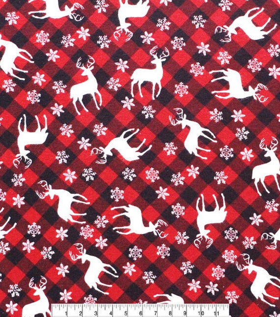 Clearance Fabric Flannel Deer And Snowflakes Buffalo Check Half Yard