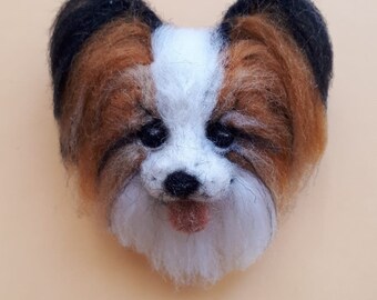 Brooch Dog Papillon. Needle felted pet brooch.Pet  memorial portrait, Felted 3D brooch.I t can be made by customer order.