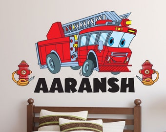 Brandweerwagen muur sticker-aangepaste naam muur stickers voor jongens-kwekerij kinderkamer muur decor-brandweerwagen decor stickers-brandweerman brandweerman sticker