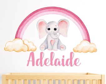 Olifant muur sticker - aangepaste naam muur decor - regenboog muur sticker kunst sticker - gepersonaliseerde naam muur stickers voor meisjes - Kids slaapkamer kinderkamer