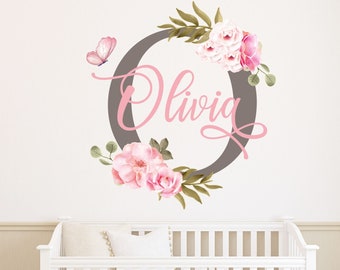 Bloem muur stickers - aangepaste naam muur sticker - Baby Girl Wall Decor - gepersonaliseerde initiële & naam sticker - Kids meisjes slaapkamer - bloemen sticker