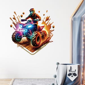 ATV Rider Wall Decal, Watercolor Neon Lights ATV Wall Sticker, Outdoors Four-Wheeler Wall Decor, Kids Playroom Bedoom Wall Art Mural Gift