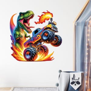 Monster Truck Dinosaur Wall Decal, Watercolor T Rex Monster Truck Wall Sticker, Fire Truck Wall Decor, Kids Playroom Bedoom Wall Art Mural