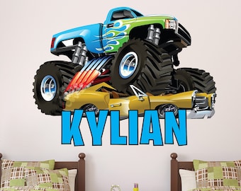 Kids Name Wall Decor - Monster Truck Decal - Custom Name Wall Decals - Boys Room Decor- Personalized Monster Truck Wall Art