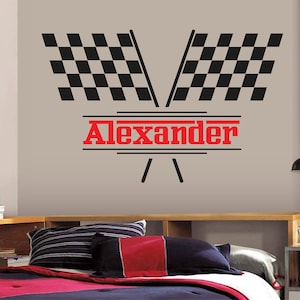 Personalized Name Wall Decal Racing Flags Wall Decal Boys Kids Bedroom Vinyl Wall Decor