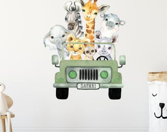 Safari Animals Wall Decal Elephant Lion Giraffe Zebra Nursery Wall Decals Room Bedroom Decor Truck Safari Wall Decor Playroom Sticker