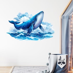 Whale Wall Decal Ocean Wave Wall Decals Nursery Kids Bedroom Decor Watercolor Whale Wall Decor Room Playroom Decoration Sticker