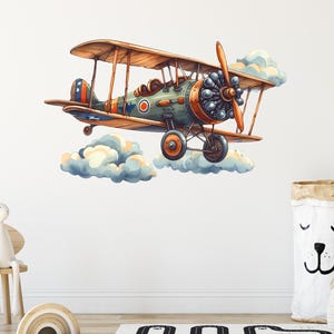 Airplane Wall Decal, Airplane Themed Nursery Wall Decor, Clouds Vintage Airplane Wall Art Mural Sticker,  Kids Playroom Bedoom