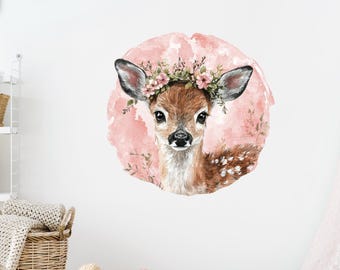 Calcomanía de pared de ciervo bebé, calcomanías de pared para guardería, ciervo floral de acuarela, decoración de dormitorio infantil, decoración de pared para habitación de niñas, pegatina decorativa mural