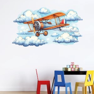 Airplane Wall Decal Watercolor Plane Wall Stickers Clouds Vintage Airplanes Wall Decor Kids Playroom Bedoom Wall Art Mural
