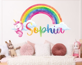 Autocollant mural arc-en-ciel – Décoration murale avec nom personnalisé – Autocollants muraux licorne arc-en-ciel – Autocollants muraux avec nom – Autocollant mural pour chambre de fille