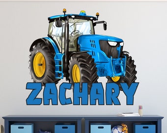 Tractor Blue Wall Decals - Custom Name Wall Decor for Kids Room - Farm Tractor Wall Decor - Boys Bedroom Wall Art