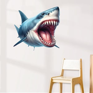 Cartoon Shark Wall Decal Beach House Wall Decor Themed White Shark Wall Art Watercolor Wall Art Kids Room Bedroom Decals Mural Sticker