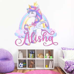 Eenhoorn muur sticker – regenboog naam muur decor – kleurrijke regenboog eenhoorn muur decor – aangepaste naam kunst aan de muur – kinderkamer stickers voor meisjeskamer