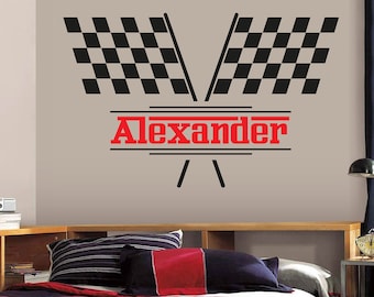 Personalized Name Wall Decal Racing Flags Wall Decal Boys Kids Bedroom Vinyl Wall Decor