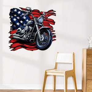 Motorcycle Wall Decals, USA Flag American Motorcycle Wall Sticker, Vintage Wall Decor, Patriotic Wall Art Mural Poster
