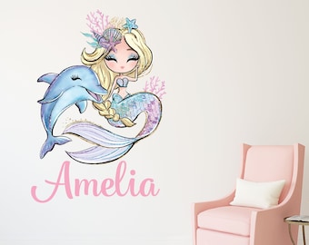 Mermaid Wall Decal - Custom Name Nursery Wall Decor - Personalized Name Wall Decor Art Sticker – Mermaid Wall Decals for Girls Bedroom Room