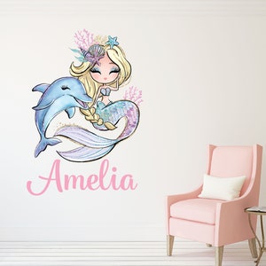 Decalcomanie da muro a forma di sirena - Decorazione da parete per cameretta dei bambini con nome personalizzato - Adesivo artistico per decorazioni da parete con nome personalizzato - Decalcomanie da muro a forma di sirena per la camera da letto delle ragazze