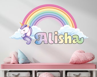 Rainbow Wall Decal – Unicorn Name Wall Decor - Pastel Rainbow Unicorn Wall Decals – Custom Name Wall Art – Nursery Decals for Girls Room