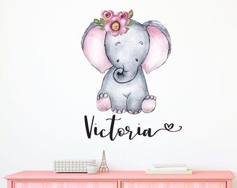 Olifant muur sticker, kinderkamer muur stickers voor meisjes, aangepaste naam muur decor, baby meisje kinderkamer muur decor kunst