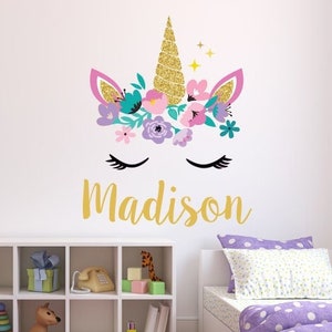 Personliga namnväggdekaler enhörningsväggdekalkonst Anpassad namnväggdekal barnrum flickors sovrum vinylväggdekor
