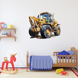 May include: Watercolor illustration of a yellow construction tractor with large black tires. The tractor is set against a white wall in a child's bedroom. The room also features a wooden bed with blue and white bedding, a red rocking horse, and toy cars.