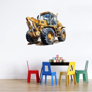 May include: Watercolor illustration of a yellow construction vehicle with large black tires. The image is a wall decal, with a black table and colorful chairs below. The word blocks spell out "I LOVE YOU".
