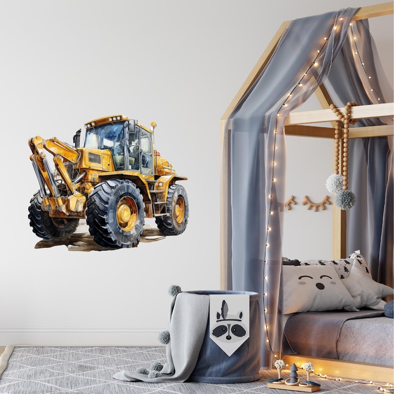 May include: Watercolor illustration of a yellow construction vehicle with large black tires. The heavy equipment is set against a white background. The image is a wall decal, suitable for a child's room.