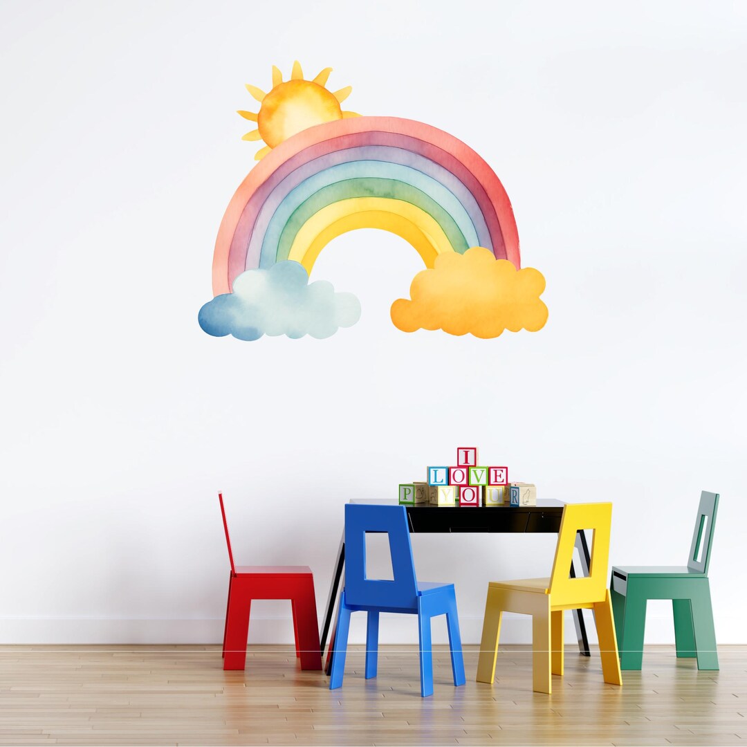 Rainbow Wall Sticker Nursery Kids Room Decor Sun Watercolor Playroom ...