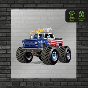 Monster Truck DTF Transfer, American Flag Truck Design, Ready-to-Press Graphic for Kids Apparel Custom, Iron On DTF Transfers Prints