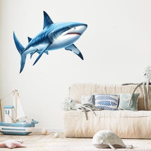 Aquarell Hai Wand-Kunst-Aufkleber - Strand-Haus-Wand-Dekor Weißer Hai Wand-Kunst - Kinderzimmer Schlafzimmer Dekor Wand-Wand-Aufkleber