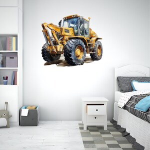 May include: Watercolor illustration of a yellow construction vehicle with large black tires. The vehicle has a front loader and a cab with windows. The image is a wall decal, suitable for a child's room or construction-themed decor.