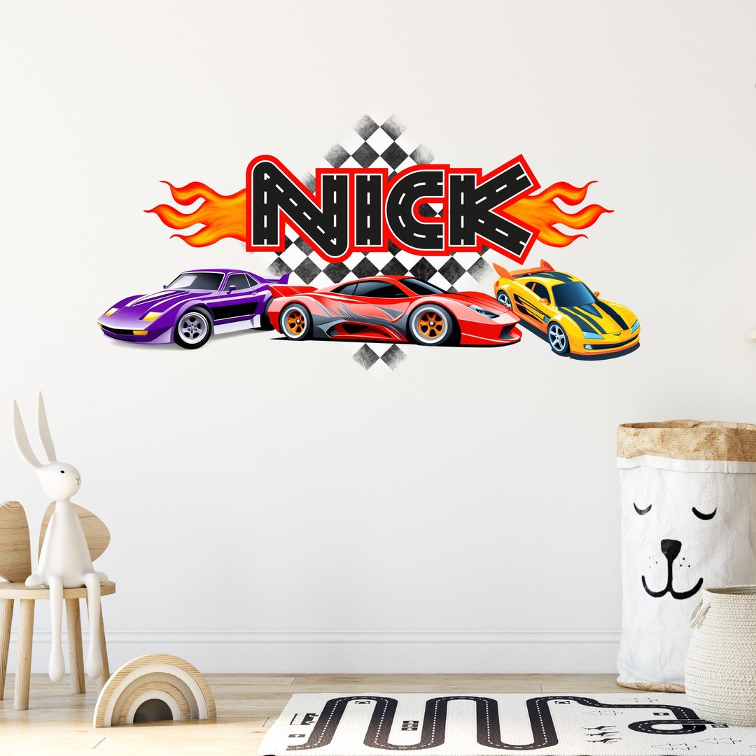Hot Cars Name Wall Decal - Kids Custom Name Wall Decor - Racing Cars ...