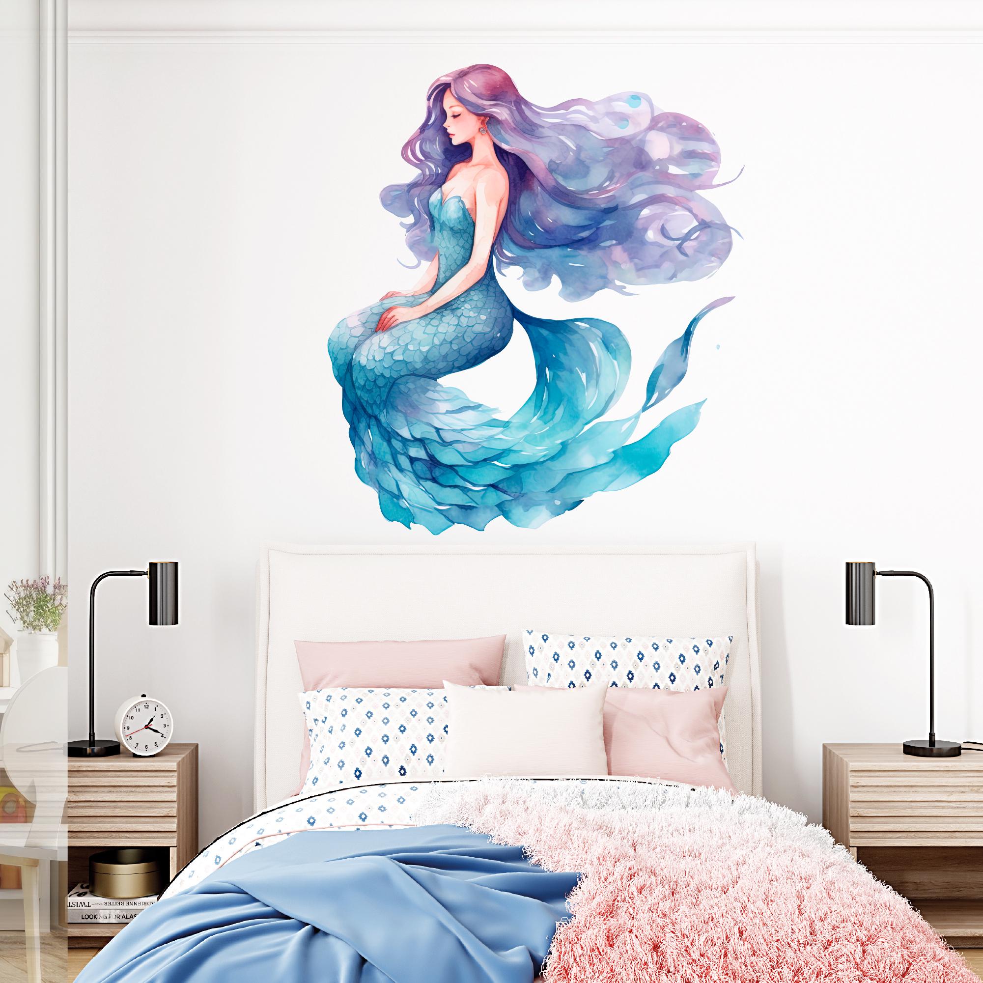 Mermaid Wall Decal Cute Watercolor Wall Decals Nursery Girls Bedroom ...