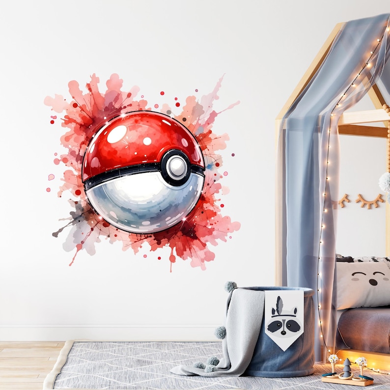 Pokeball Wall Sticker Watercolor Pokemon Art Decal Kids Room Decor image 5