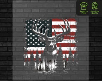 Buck Usa Flag DTF Transfer, Deer Hunting Iron on Transfers Desing, Hunter Ready to Press Graphic Apparel, DTF for Shirts Gift DIY