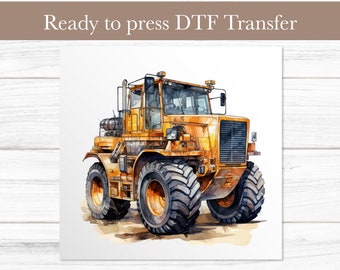 Transferencia DTF de camión de construcción - Transferencia de calor de tractor oxidado de acuarela para camisetas para niños - Listo para presionar impresiones de transferencias DTF personalizadas