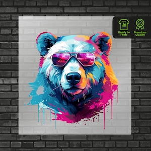 Bear DTF Transfer - Watercolor Sunglasses Colorful Bear Heat Transfer for Apparel T Shirts - Ready to Press Custom DTF Transfers Prints