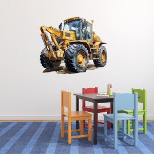 May include: Watercolor illustration of a yellow backhoe loader with large black tires. The construction vehicle is set against a white wall, with a child's table and chairs in the foreground.
