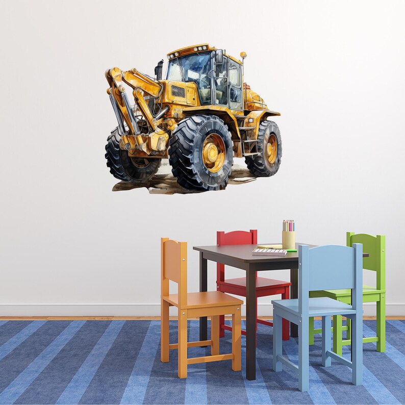 May include: Watercolor illustration of a yellow backhoe loader with large black tires. The construction vehicle is set against a white wall, with a child's table and chairs in the foreground.