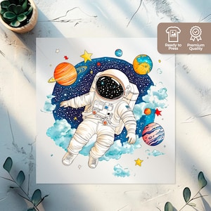 Transferencia DTF de dibujos animados del espacio, diseño de astronauta listo para imprimir para ropa infantil, transferencias de estrellas para planchar DTF para sublimación de camisetas, regalo para bebé