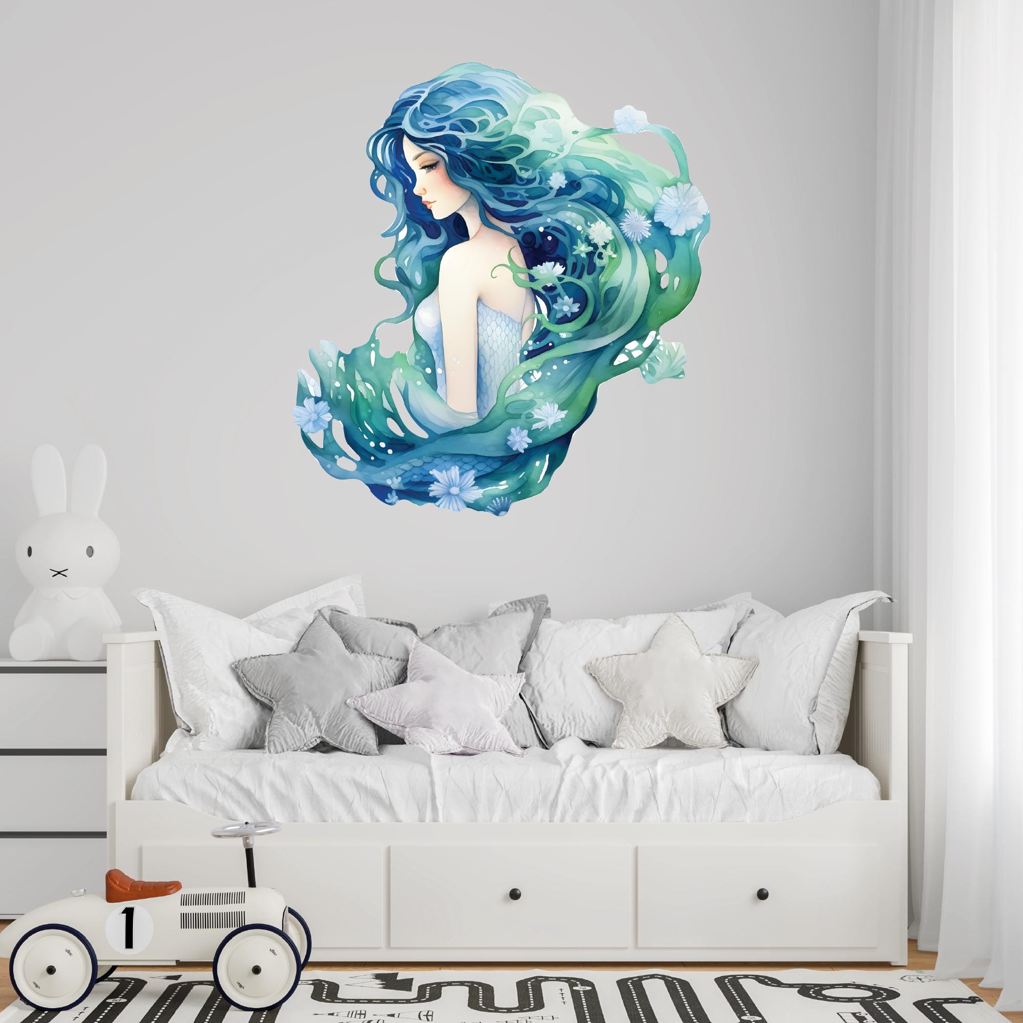 Watercolor Mermaid Wall Art Decal Beach House Wall Decor Bathroom Decor ...