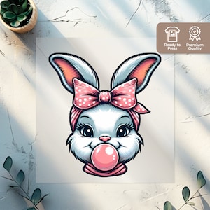 Bunny DTF Transfer, Pink Bubble Gum Bunny Design, Ready to Press, Cute Trendy Graphic T Shirts Clothing Heat Press DTF Transfers Girly