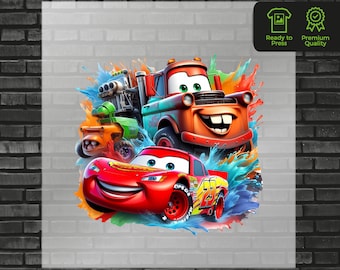 Cars DTF Transfer, Lightning Design, Ready-to-Press Graphic for Kids Apparel, Iron On Movie Inpired Splash DTF for T-Shirts Graphic