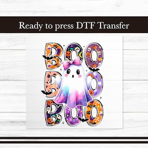 Transferência Boo Ghost DTF, design de ferro em transferências de Halloween, arco pronto para prensar vestuário gráfico, aqui para o Boos DTF para camisetas DIY
