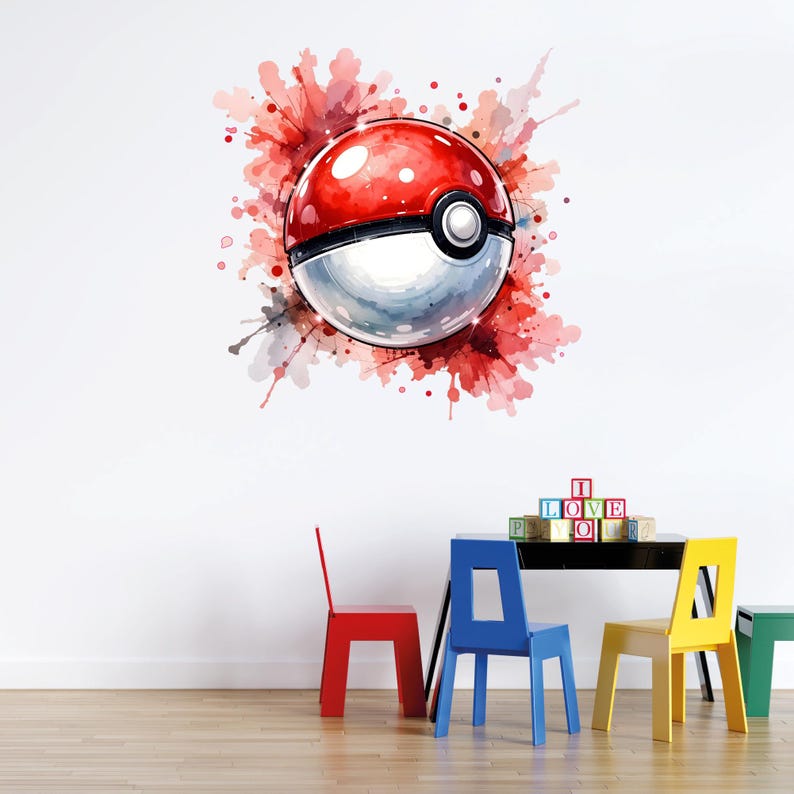 Pokeball Wall Sticker Watercolor Pokemon Art Decal Kids Room Decor image 7