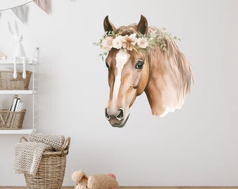 Watercolor Horse Wall Decal Nursery Decor Floral Flowers Animal Art Sticker Peel and Stick