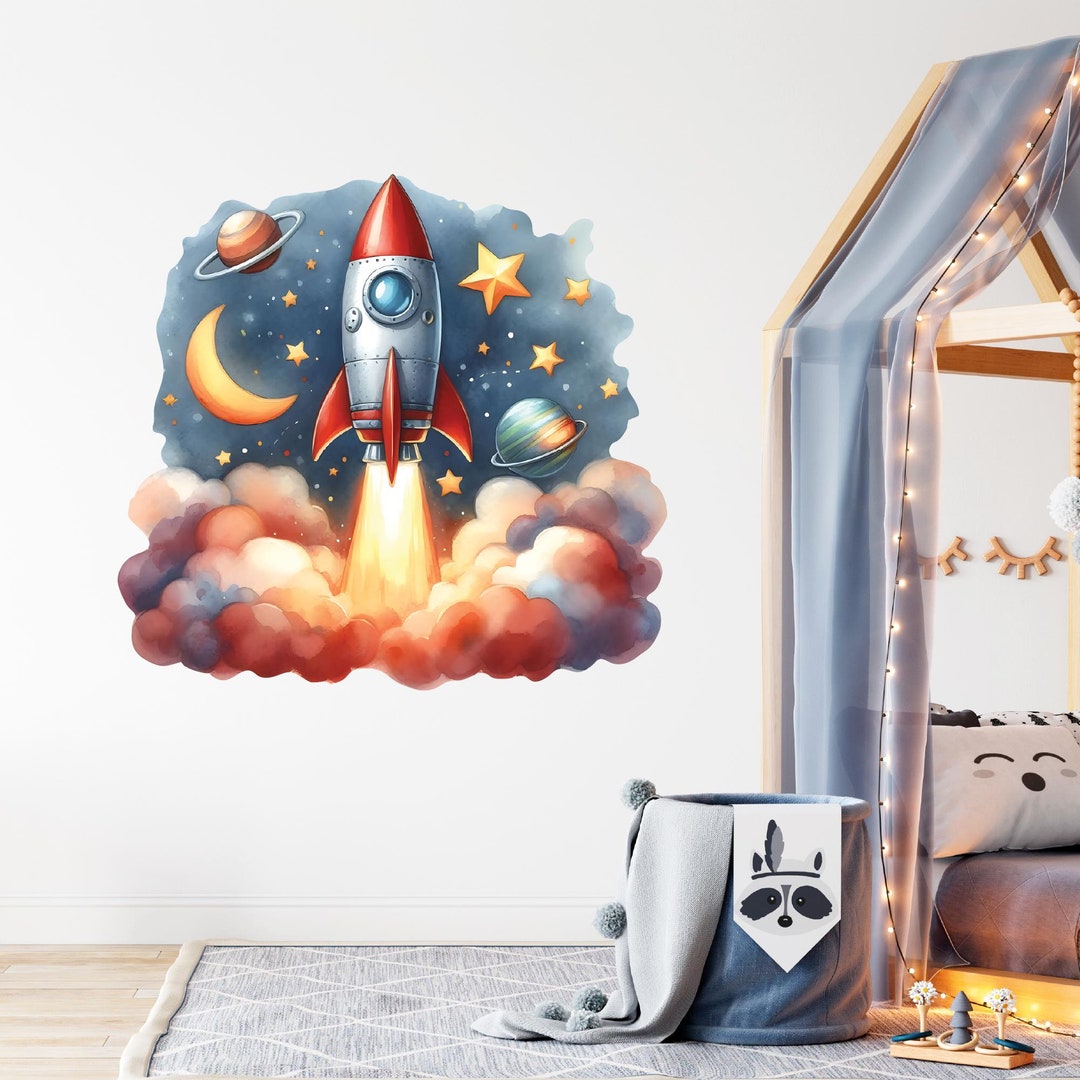 Watercolor Rocket Wall Decal Outer Space Wall Decor Nursery Kids ...