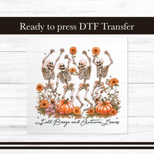 May include: Four skeletons dancing in a field of sunflowers and pumpkins. The text "Fall Breeze and Autumn Leaves" is at the bottom of the image.