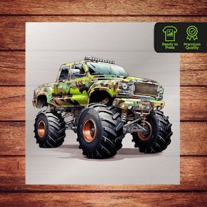 Monster Truck DTF Transfer - Hot Camouflage Truck Heat Transfer for T Shirts Kids - Ready to Press Custom DTF Transfers Prints